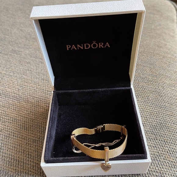 Pandora 14k Gold Plated Reflexion Mesh Bracelet w/ Pandora Charms & Safely Chain - Picture 2 of 15